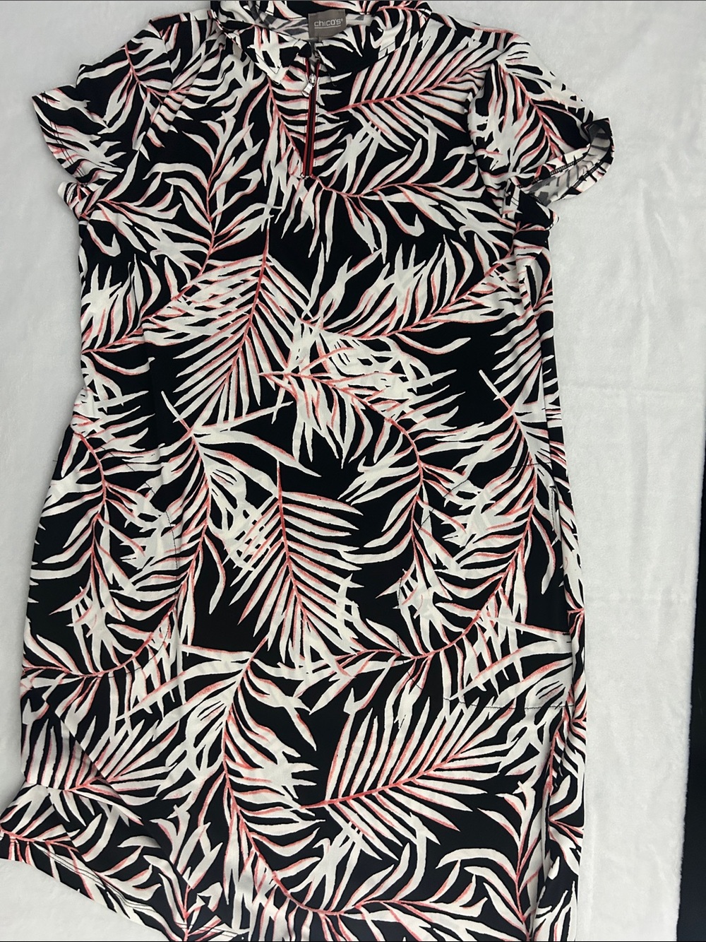 Chico's Black White and Pink Leaf-Print Midi Dress